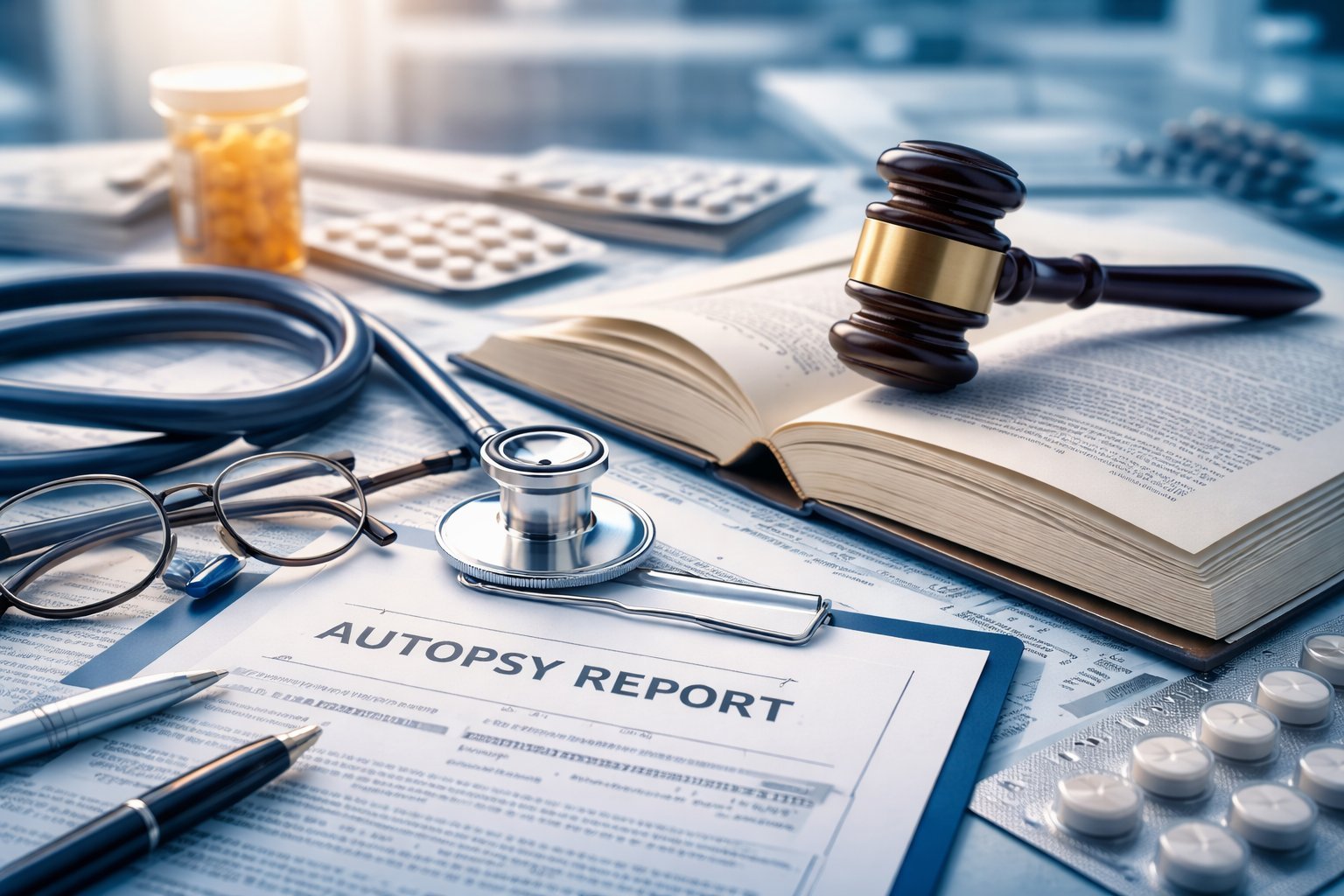 Illustration of medical and legal tools: a stethoscope, gavel and reference book