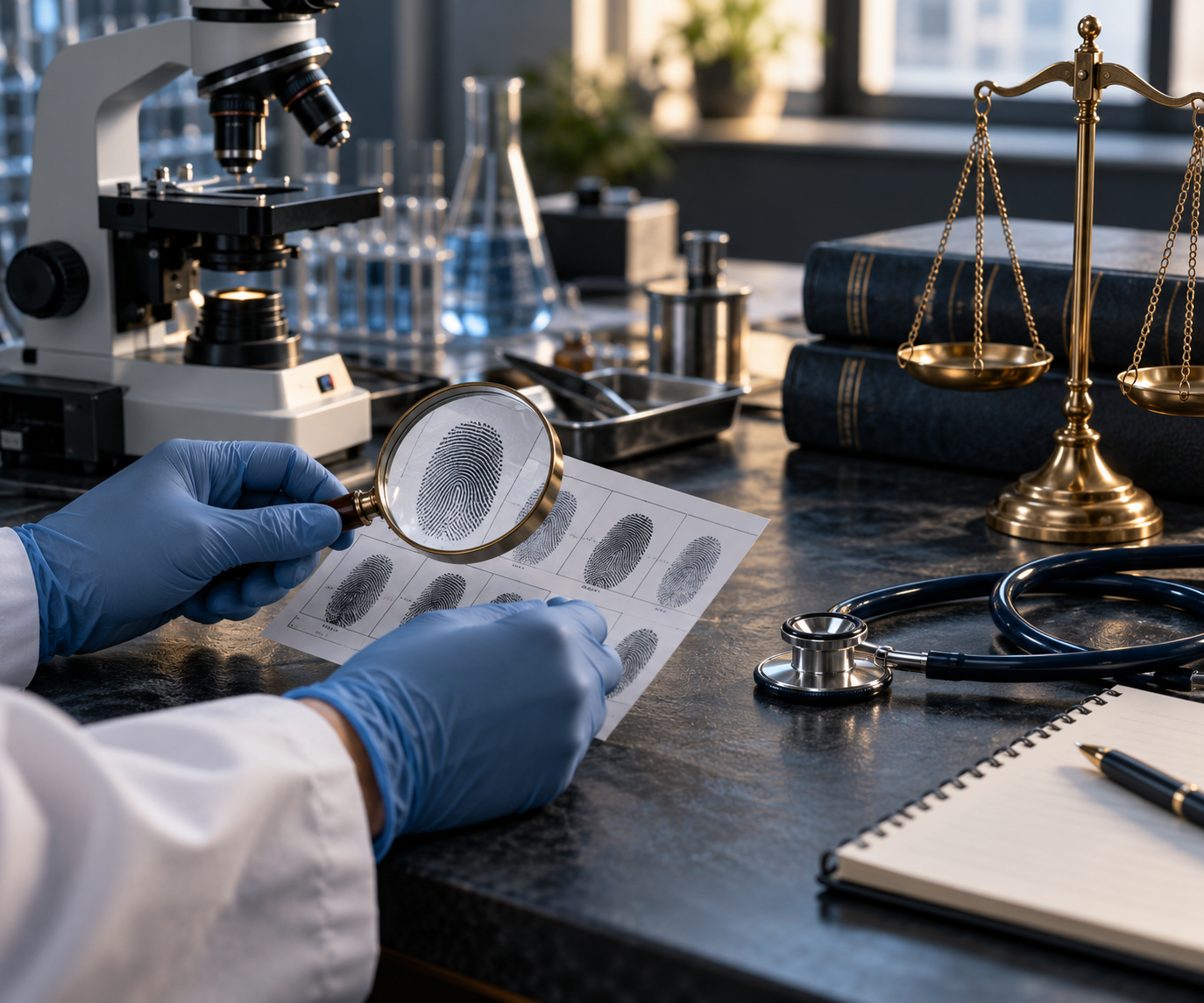 Illustration of forensic fingerprint examination with scientific and medicolegal equipment